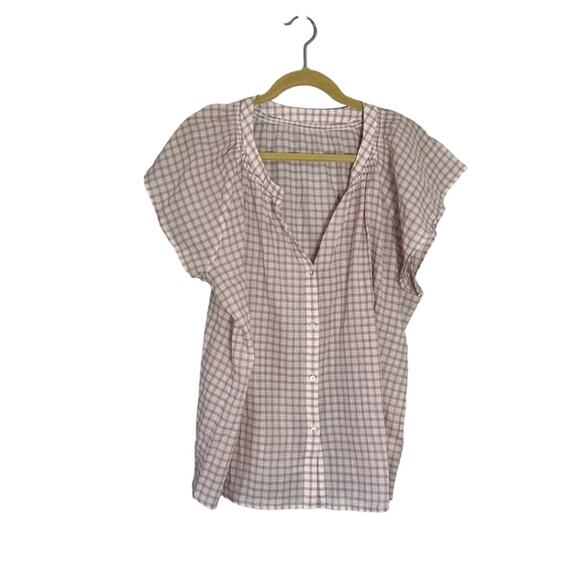 Lightweight Slightly Sheer Checkered Print V Neck Button Down Blouse - Picture 1 of 2
